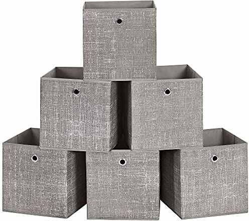 SONGMICS Scatole Portaoggetti, Set di 6 Contenitori in Tessuto Non Tessuto con Manico, 30 x 30 x 30 cm, Unità di Organizzazione, per Scaffale, Pieghevoli, Porta Abiti, Tortora