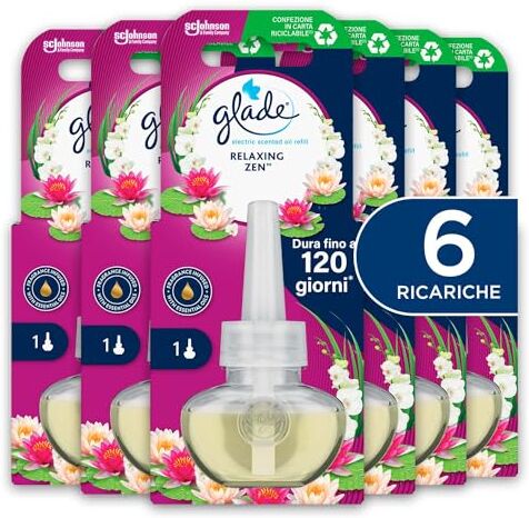 glade Liquido Elettrico Profumatore per Ambienti, Confezione da 6 Ricariche da 20ml, Fragranza Relaxing Zen di Lunga Durata, Con Olii Essenziali