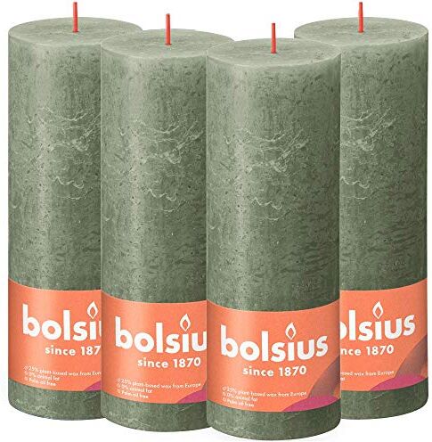 Bolsius Candela rustica a colonna, verde scuro, confezione da 4, lunga durata di 85 ore, candela per la casa, decorazione per interni, non profumata, cera vegana naturale, senza olio di palma, 19 x 7