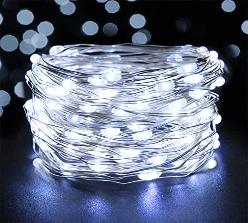 cshare Led Stringa Luci a Batteria, 5M 50 Led Ghirlanda Catena Lucine Fata Filo di Rame Argentato Impermeabile Decorative per Interni e Esterni,Feste,Giardino,Natale,Matrimoni,Stanza(Bianco freddo)