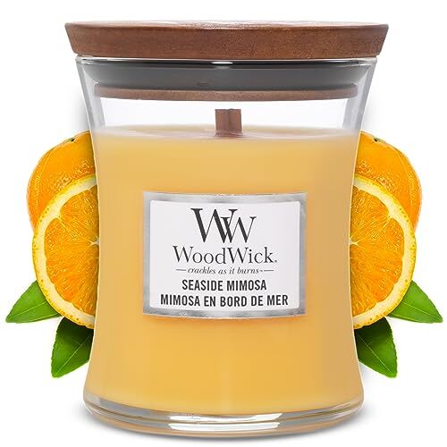 Woodwick Hourglass Candela Profumata Media con Stoppino Scoppiettante, Mare, Fino A 60 Ore, Cera, Seaside Mimosa, Medio