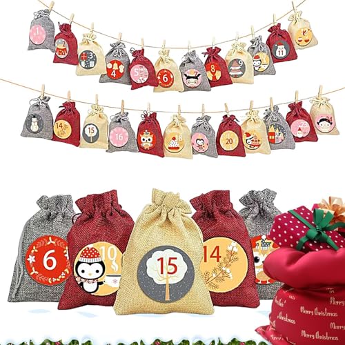 Generic Set di borse per il conto alla rovescia del calendario dell'Avvento Set regalo per l'Avvento con il conto alla rovescia di Natale,Appendi sacchetti regalo di caramelle con coulisse per il