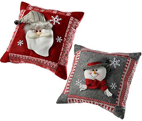 WeRChristmas , Cuscino Decorativo Babbo Natale e Pupazzo di Neve, 35,5 cm Grigio/Rosso, Set da 2