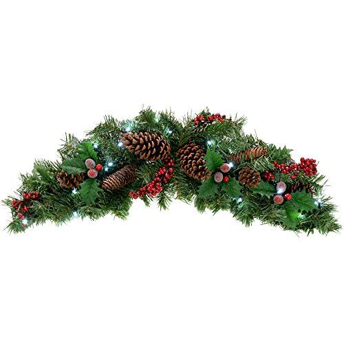 WeRChristmas Ghirlanda Natalizia con pigne e Bacche, illuminata con 20 luci LED Bianco Freddo, 90 cm, Colore: Rosso