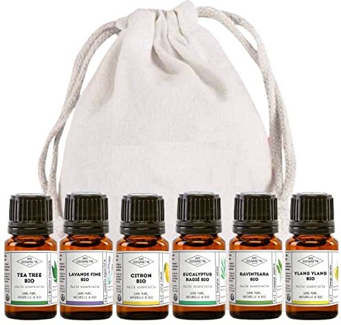 MY COSMETIK Confezione indispensabile per diffusione set di 6 oli essenziali organici Tea Tree Lavanda fine Limone Eucalipto Radié Ravintsara Ylang Ylang 6 x 5 ml + sacchetto