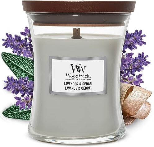 Woodwick Candela profumata Hourglass media con stoppino crepitante   Lavanda e Cedro   Durata della fragranza: fino a 60 ore