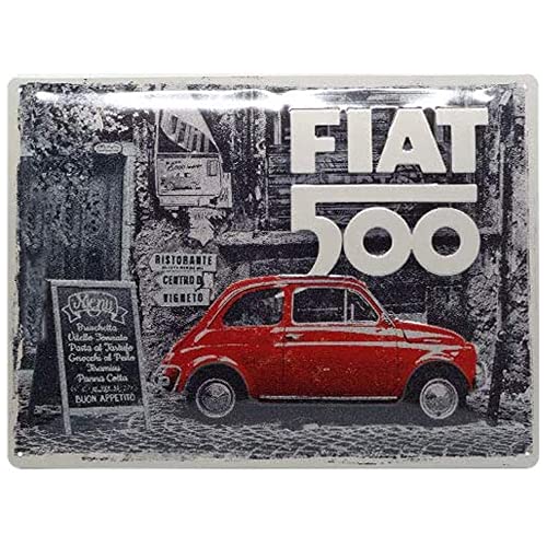 ART Targhe Vintage, Fiat 500 – Red car in the street – Idea regalo per amanti di auto, in metallo, Design retro per decorazione, 30 x 40 cm