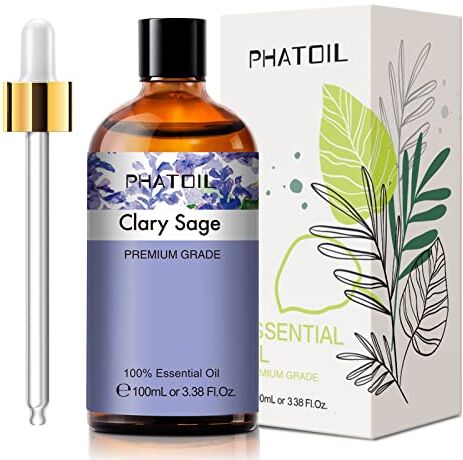 PHATOIL Olio Essenziale di Salvia Sclarea 100 ml, Oli Essenziali per Diffusori, Oli di Salvia Naturali Puri per Aromaterapia Umidificatore Candele Fai da Te