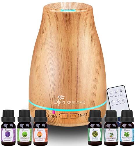 Diffuserlove Diffusore di Oli Essenziali 200 ML Ultrasuoni, Ambiente di Aromi, in Legno, Umidificatori a Nebbia con 7 Luci LED a Colori, per Camera da Letto Ufficio Casa