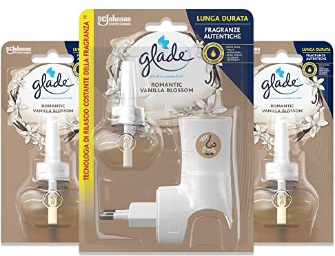 glade Liquido Elettrico, Profumatore per Ambienti con Olii Essenziali, Fragranza Romantic Vanilla Blossom, Confezione da 1 Diffusore e 3 Ricariche