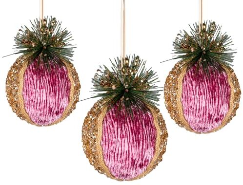 SHATCHI 3 palline glitterate rosa bordeaux da 11,5 cm, decorazioni da appendere all'albero di Natale, ornamenti decorativi festivi a tema fiaba, ciondolo per albero di Natale