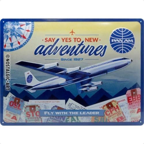 ART Targa Vintage Pan Am – New Adventures – Idea regalo per amanti dei viaggi, in metallo, Design retro per decorazione, 30 x 40 cm