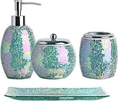 WHOLE HOUSEWARES Set di 4 accessori da bagno in vetro decorativo verde lucido   dispenser di sapone, portaspazzolino, vasetto di cotone, vassoio da toeletta   idea regalo   design simile a una sirena