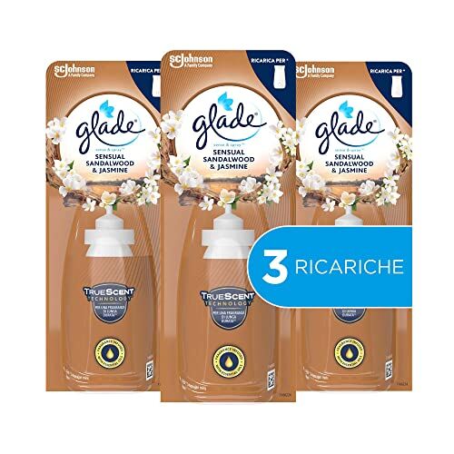 glade Sense & Spray Profumatore per Ambienti con Oli Essenziali, Fragranza Sensual Sandalwood e Jasmine, Confezione da 3 Ricariche da 18 ml