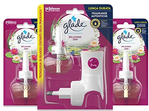 glade Liquido Elettrico, Profumatore per Ambienti con Olii Essenziali, Fragranza Relaxing Zen, Confezione da 1 Diffusore e 3 Ricariche