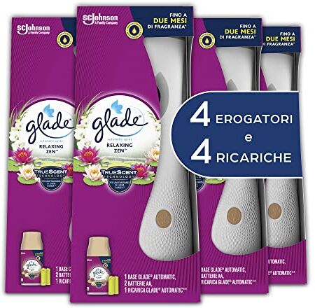 glade Automatic Spray Profumatore per Ambienti Base con Ricarica, Fragranza Relaxing Zen, 4 Erogatore + 4 Ricarica 269 ml