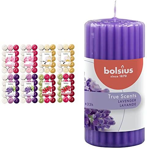 Bolsius Multicolor Tealight Profumate Set di 240 Unità Fragranza Orchidea, Vaniglia, Lavanda, Mirtillo 12 Colori & Candela Profumata Pillar 120/58 mm Colonna Zigrinata, Colore Viola