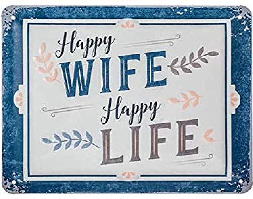 ART Targa Vintage Happy Wife Happy Life – Idea regalo per i nostalgici, in metallo, Design retro per decorazione, 15 x 20 cm