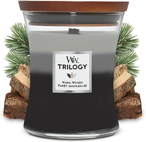 Woodwick Trilogy candela profumata a clessidra media con Pluswick Innovation, Legno caldo