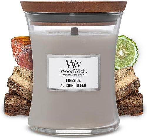 Woodwick Candela profumata Hourglass media con stoppino crepitante   Focolare (Fireside)   Durata della fragranza: fino a 60 ore