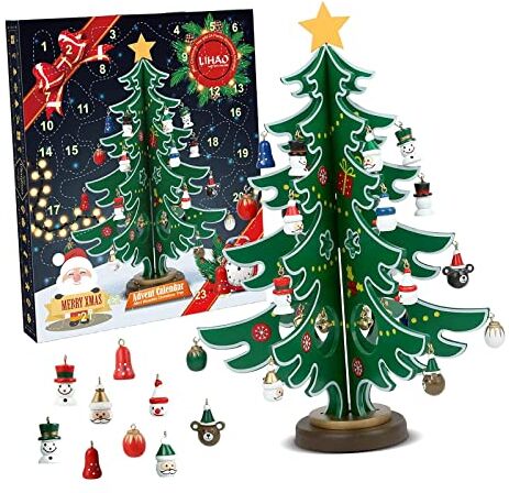 Generic Mini albero di Natale in legno, calendario dell'Avvento con 24 ciondoli, albero di Natale in legno, albero di Natale fai da te con 24 Ornamnets