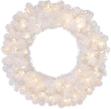 SHATCHI Ghirlanda natalizia pre-illuminata in pino dell'Alaska per caminetti, casa, porta, scale, bianco, albero di Natale, decorazione da giardino, giardino con 30 LED bianco caldo