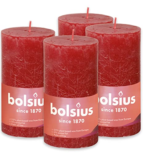 Bolsius Rustik Candele a pilastro, rosso, 4 pezzi, 13 x 7 cm, candele decorative per la casa, lunghezza 60 ore, non profumate, cera vegetale naturale, senza olio di palma