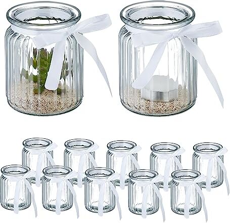 Relaxdays Vasetti Portacandele, Set 12, Vasi in Vetro per Candele e Lumini, Bicchierini con Fiocco Bianco, Trasparente, 80% 20% Poliestere