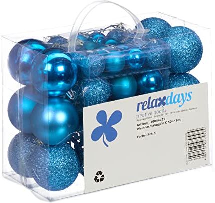 Relaxdays Palline di Natale, in Set da 50, Addobbi Natalizi, Opache, Lucide, Glitterate, ∅ 3,4 e 6 cm, Blu Petrolio