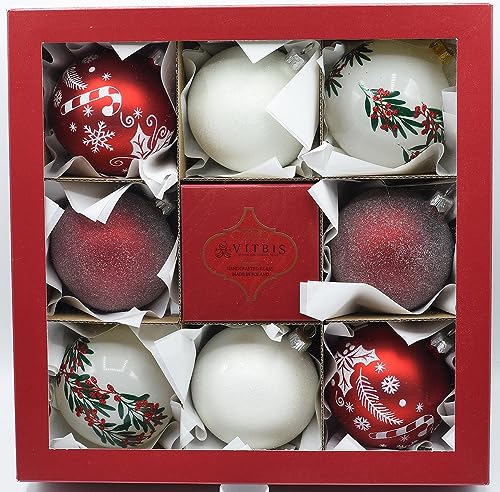 Vitbis Sfera di vetro per decorazioni per albero di Natale, grande, unica, diametro 8 cm, colore bianco e rosso, con finitura glitterata, decorazione a mano, decorazione natalizia unica