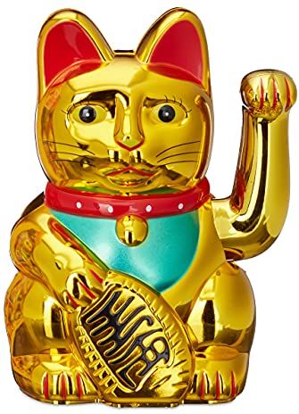 Relaxdays Gatto Cinese Portafortuna con Zampa Mobile, a Batteria, Maneki Neko, Talismano Successo & Ricchezza, 16cm, Oro