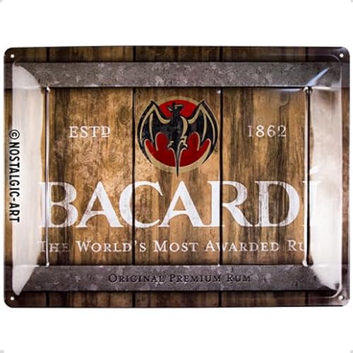 ART Targhe Vintage Bacardi – Wood Barrel Logo – Idea Regalo per Gli Amanti del Rum, in Metallo, Design Retro per Decorazione, 30 x 40 cm