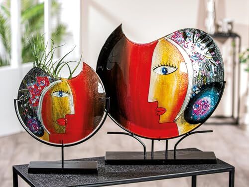 ART Vaso decorativo grande per il viso – Vaso in vetro dipinto a mano con supporto in metallo – decorazione soggiorno altezza 48 cm multicolore