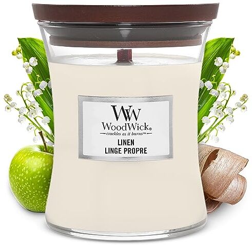 Woodwick Candela profumata Hourglass media con stoppino crepitante   Lino   Durata della fragranza: fino a 60 ore