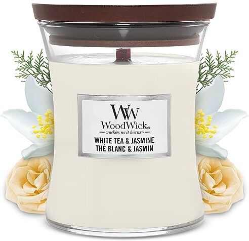 Woodwick Candela profumata Hourglass media con stoppino crepitante   Tè Bianco e Gelsomino (White Tea & Jasmine)   Durata della fragranza: fino a 60 ore