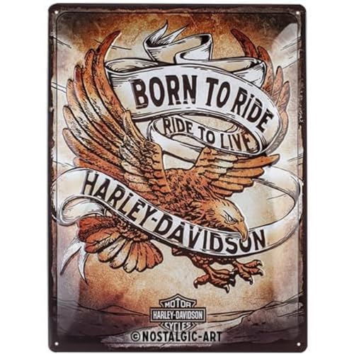ART Targhe Vintage Harley Davidson – Born to Ride – Idea Regalo per Amanti di Moto, in Metallo, Design retrò per Decorazione, 30 x 40 cm