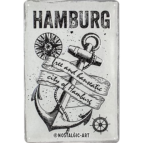 ART Targa vintage in metallo con scritta in inglese City of Hamburg Anchor – souvenir & idea regalo – in metallo stile vintage decorazione 20 x 30 cm