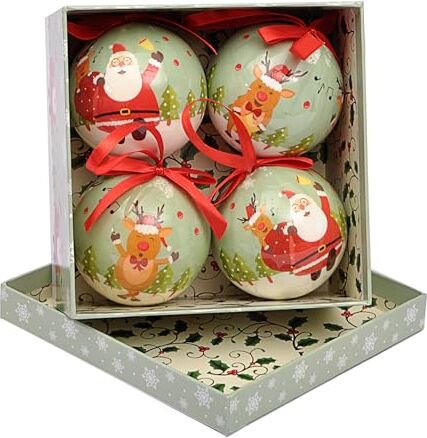 Ciao - Set 4 sfere decoupage ornamentali Santa & Reindeers (Ø7,5cm) con nastro in tessuto per albero di Natale in giftbox