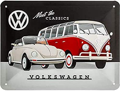 ART Targa Vintage Volkswagen – VW – Meet The Classics – Idea regalo per i bus VW, in metallo, Design retro per decorazione, 15 x 20 cm