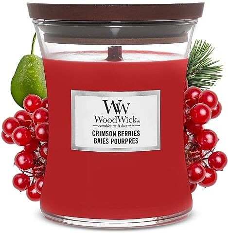 Woodwick Candela profumata Hourglass media con stoppino crepitante   Bacche Cremisi (Crimson Berries)   Durata della fragranza: fino a 60 ore