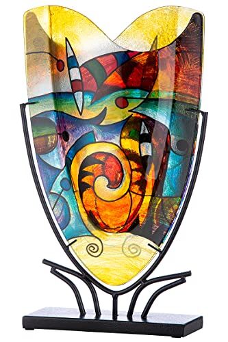 Vaso decorativo su supporto in metallo nero – oggetto artistico dipinto a mano – Multicolore altezza 48 cm