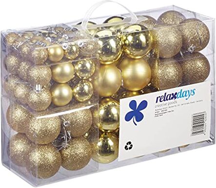 Relaxdays Palline di Natale, Set da 100, Addobbi Natalizi, Opache, Lucide, Glitterate, ∅ 3,4 e 6 cm, Decorazioni, Oro