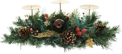 WeRChristmas Centro tavola Decorato con Bacche/pigne/Foglie, 52 cm, con 3 portacandele a Colonna, per Natale, Colore: Rosso/Oro