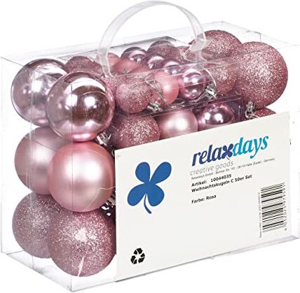 Relaxdays Palline di Natale, in Set da 50, Addobbi Natalizi, Opache, Lucide, Glitterate, ∅ 3,4 e 6 cm, Decorazioni, Rosa