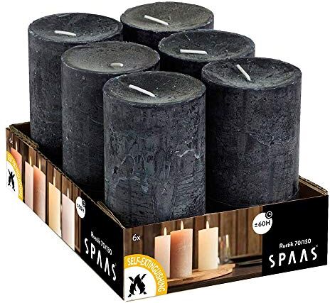 Spaas Nero 6 Candele profumate rustiche 70/130 mm, ± 60 Ore, Cera di paraffina, 7 cm, 6 unità