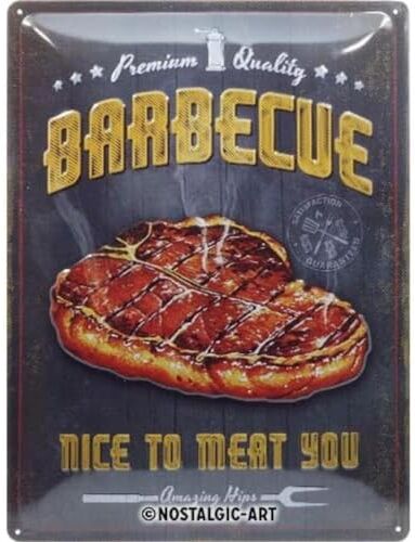 ART Targhe Vintage Nice To Meat You – Idea Regalo per Amanti del Barbecue, in Metallo, Design Retro per Decorazione, 30 x 40 cm