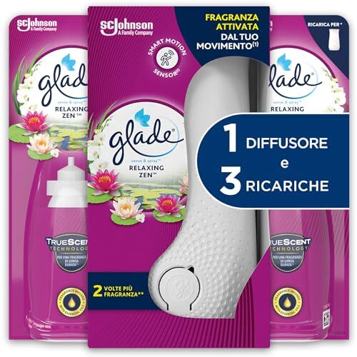 glade Sense & Spray Profumatore per Ambienti con Olii Essenziali e Sensore di Movimento, Fragranza Relaxing Zen, 1 Diffusore e 3 Ricariche, 2 Pile AA