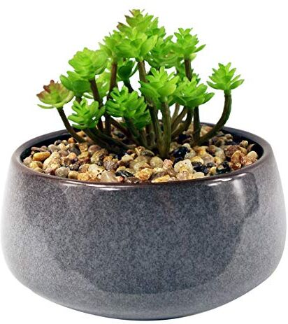 Leaf Vaso in ceramica blu con pianta artificiale da scrivania da ufficio, Sedum Clavatum, 14 cm