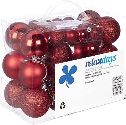 Relaxdays Palline di Natale, Set da 50, Addobbi Natalizi, Opache, Lucide, Glitterate, ∅ 3,4 e 6 cm, Decorazioni, Rosso