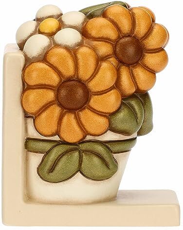 THUN , Fermalibri a Forma di Vaso con Fiore di Calendula in Ceramica Decorata a Mano, Linea Racconti d'Autunno, 12.8x8.6x16 cm h